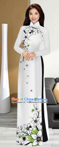 Traditional Top Grade Asian Vietnamese Costumes Handmade White Full Dress and Pants, Vietnam National Ao Dai Dress Etiquette Qipao for Women