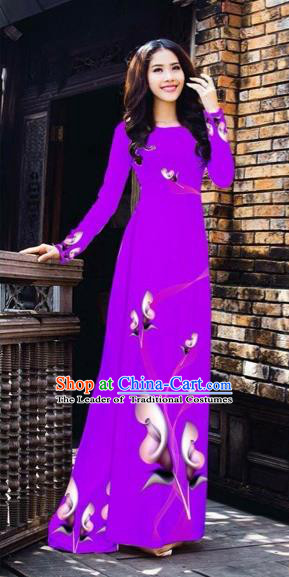 Traditional Top Grade Asian Vietnamese Costumes Classical Printing Flowers Pattern Full Dress, Vietnam National Ao Dai Dress Purple Etiquette Qipao for Women