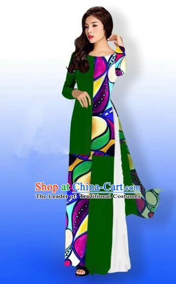 Traditional Top Grade Asian Vietnamese Costumes Classical Printing Full Dress, Vietnam National Ao Dai Dress Bride Green Qipao for Women