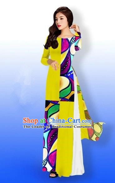 Traditional Top Grade Asian Vietnamese Costumes Classical Printing Full Dress, Vietnam National Ao Dai Dress Bride Yellow Qipao for Women