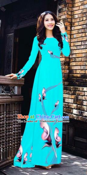 Traditional Top Grade Asian Vietnamese Costumes Classical Printing Flowers Pattern Full Dress, Vietnam National Ao Dai Dress Blue Etiquette Qipao for Women