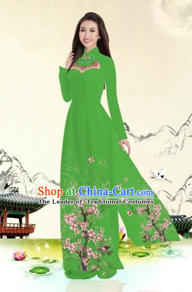 Traditional Top Grade Asian Vietnamese Costumes Classical Plum Blossom Pattern Full Dress, Vietnam National Ao Dai Dress Green Etiquette Qipao for Women