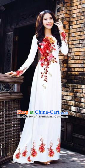 Traditional Top Grade Asian Vietnamese Costumes Dance Dress, Vietnam National Women Ao Dai Dress Printing Red Flowers Cheongsam Clothing