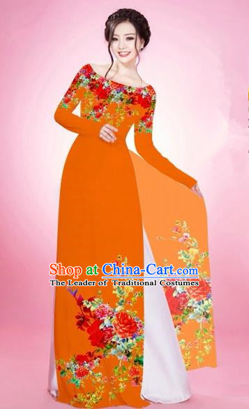 Traditional Top Grade Asian Vietnamese Costumes, Vietnam National Women Ao Dai Dress Embroidery Orange Clothing