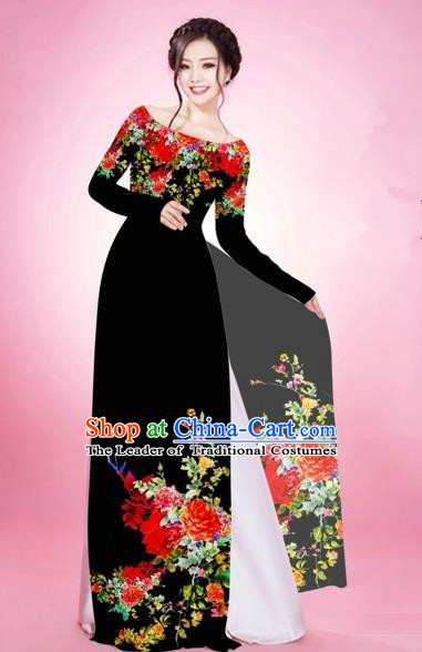 Traditional Top Grade Asian Vietnamese Costumes, Vietnam National Women Ao Dai Dress Embroidery Black Clothing