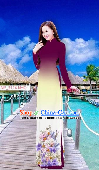 Traditional Top Grade Asian Vietnamese Costumes Full Dress, Vietnam National Ao Dai Dress Printing Flowers Amaranth Stand Collar Qipao for Women