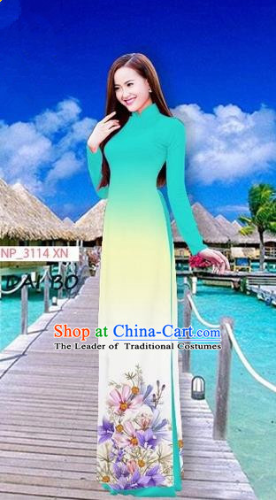 Traditional Top Grade Asian Vietnamese Costumes Full Dress, Vietnam National Ao Dai Dress Printing Flowers Blue Stand Collar Qipao for Women