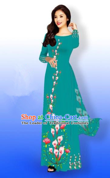 Traditional Top Grade Asian Vietnamese Costumes Full Dress, Vietnam National Ao Dai Dress Printing Flowers Peacock Green Qipao for Women