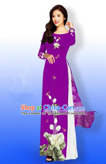 Traditional Top Grade Asian Vietnamese Costumes Full Dress, Vietnam National Ao Dai Dress Printing Flowers Round Collar Amaranth Qipao for Women