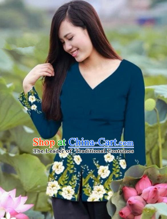 Traditional Top Grade Asian Vietnamese Costumes, Vietnam National Ao Dai Printing Peacock Blue Blouse for Women