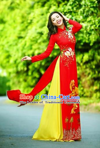 Traditional Top Grade Asian Vietnamese Costumes Classical Printing Wedding Full Dress, Vietnam National Ao Dai Dress Chinese Zodiac Dog Red Qipao for Women