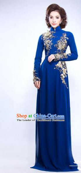 Traditional Top Grade Asian Vietnamese Costumes Classical Hand Embroidery Dowager Full Dress, Vietnam National Ao Dai Dress Bride Royalblue Qipao for Women