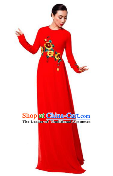 Traditional Top Grade Asian Vietnamese Costumes Classical Printing Wedding Full Dress, Vietnam National Ao Dai Dress Bride Red Round Collar Qipao for Women