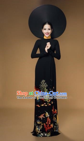 Traditional Top Grade Asian Vietnamese Costumes Classical Printing Full Dress, Vietnam National Ao Dai Dress Catwalks Bride Black Qipao for Women