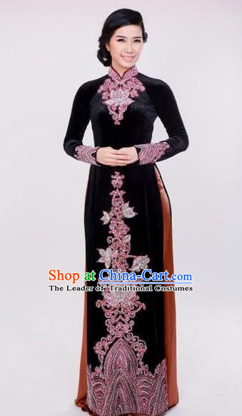 Traditional Top Grade Asian Vietnamese Costumes Classical Black Pleuche Full Dress, Vietnam National Ao Dai Dress Catwalks Dowager Beading Qipao for Women