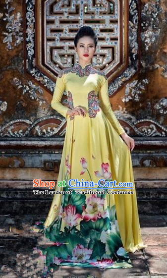 Traditional Top Grade Asian Vietnamese Costumes Classical Hand Painting Lotus Big Swing Full Dress, Vietnam National Ao Dai Dress Catwalks Dowager Yellow Qipao for Women