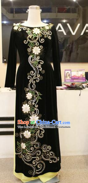 Traditional Top Grade Asian Vietnamese Costumes Classical Beading Wedding Pleuche Full Dress, Vietnam National Ao Dai Dress Catwalks Bride Black Qipao for Women