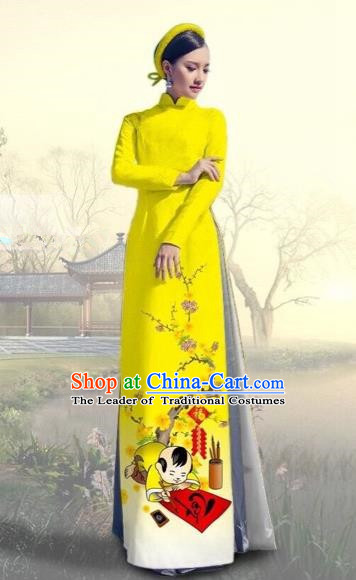 Traditional Top Grade Asian Vietnamese Costumes Classical Printing New Year Full Dress, Vietnam National Ao Dai Dress Catwalks Yellow Qipao for Women