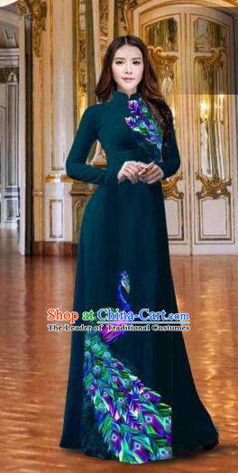 Traditional Top Grade Asian Vietnamese Costumes Classical Printing Peacock Atrovirens Full Dress, Vietnam National Ao Dai Dress Catwalks Debutante Qipao for Women