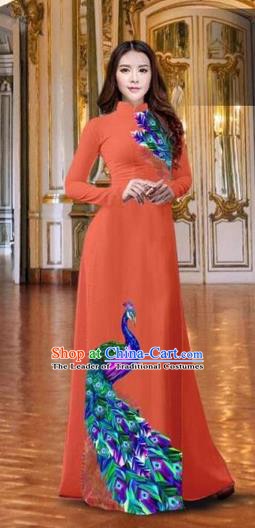 Traditional Top Grade Asian Vietnamese Costumes Classical Printing Peacock Orange Full Dress, Vietnam National Ao Dai Dress Catwalks Debutante Qipao for Women