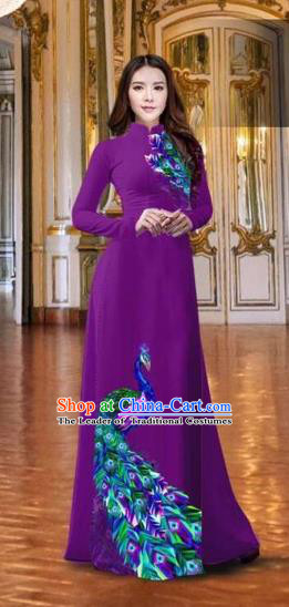 Traditional Top Grade Asian Vietnamese Costumes Classical Printing Peacock Purple Full Dress, Vietnam National Ao Dai Dress Catwalks Debutante Qipao for Women