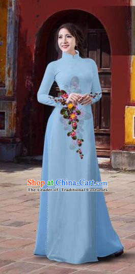 Traditional Top Grade Asian Vietnamese Costumes Classical 3D Printing Flowers Full Dress, Vietnam National Ao Dai Dress Catwalks Debutante Blue Qipao for Women