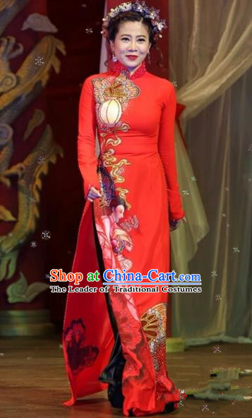 Traditional Top Grade Asian Vietnamese Costumes Classical Printing Wedding Full Dress, Vietnam National Ao Dai Dress Bride Red Stand Collar Qipao for Women