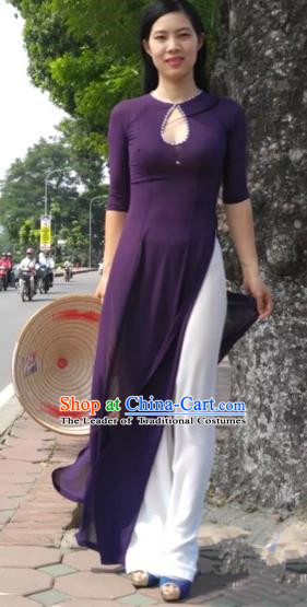 Traditional Top Grade Asian Vietnamese Costumes Classical Full Dress and Loose Pants, Vietnam National Ao Dai Dress Purple Qipao for Women