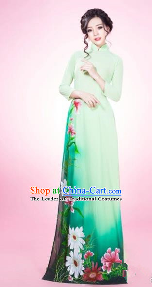 Traditional Top Grade Asian Vietnamese Costumes Classical Silk Full Dress and Loose Pants, Vietnam National Ao Dai Dress Green Qipao for Women