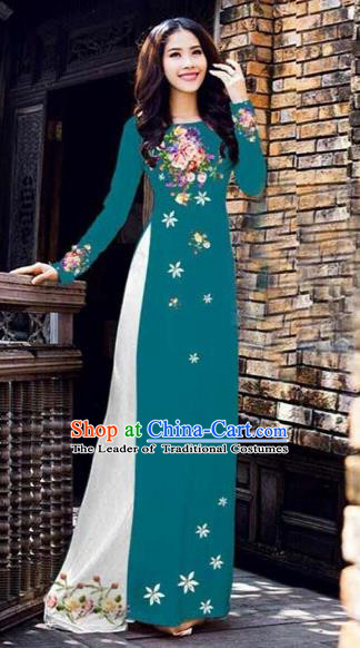 Traditional Top Grade Asian Vietnamese Costumes Classical Printing Peony Pattern Full Dress, Vietnam National Ao Dai Dress Catwalks Peacock Blue Qipao for Women