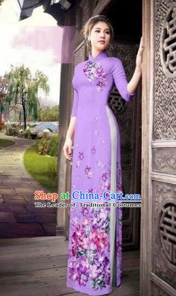 Traditional Top Grade Asian Vietnamese Costumes Classical Printing Flowers Silk Full Dress, Vietnam National Ao Dai Dress Catwalks Lilac Qipao for Women