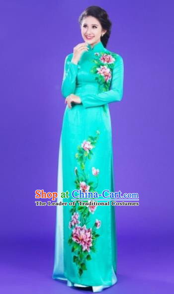 Traditional Top Grade Asian Vietnamese Costumes Classical Painting Flowers Full Dress, Vietnam National Ao Dai Dress Catwalks Blue Qipao for Women