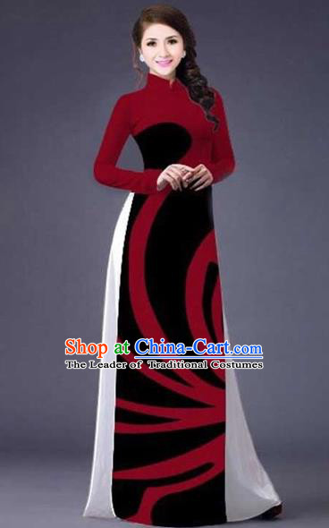 Traditional Top Grade Asian Vietnamese Costumes Classical Stripe Printing Full Dress, Vietnam National Ao Dai Dress Catwalks Wine Red Qipao for Women