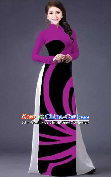 Traditional Top Grade Asian Vietnamese Costumes Classical Stripe Printing Full Dress, Vietnam National Ao Dai Dress Catwalks Rosy Qipao for Women