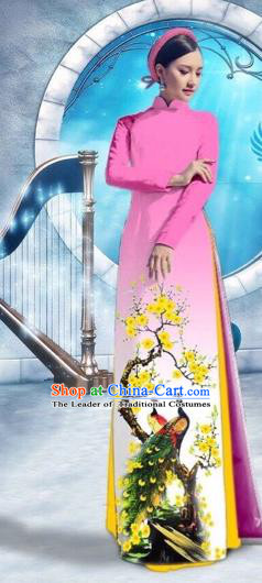 Traditional Top Grade Asian Vietnamese Costumes Classical Printing Peacock Full Dress, Vietnam National Ao Dai Dress Catwalks Debutante Pink Qipao for Women