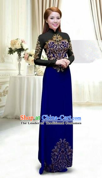 Traditional Top Grade Asian Vietnamese Costumes Classical Printing Full Dress, Vietnam National Ao Dai Dress Catwalks Debutante Lace Royalblue Qipao for Women