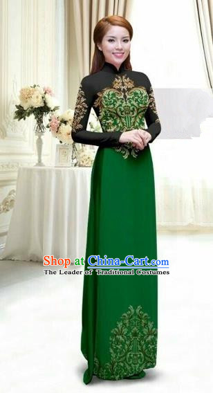 Traditional Top Grade Asian Vietnamese Costumes Classical Printing Full Dress, Vietnam National Ao Dai Dress Catwalks Debutante Lace Green Qipao for Women