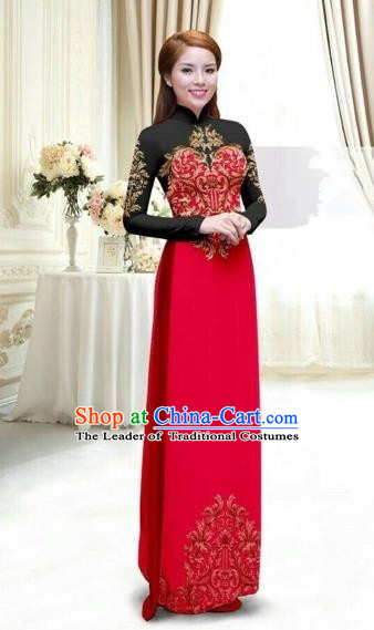 Traditional Top Grade Asian Vietnamese Costumes Classical Printing Full Dress, Vietnam National Ao Dai Dress Catwalks Debutante Lace Red Qipao for Women