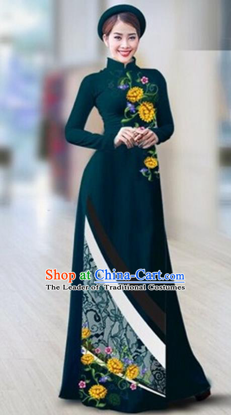 Traditional Top Grade Asian Vietnamese Costumes Classical Printing Full Dress Dance Cothing, Vietnam National Ao Dai Dress Catwalks Debutante Peacock Green Qipao for Women