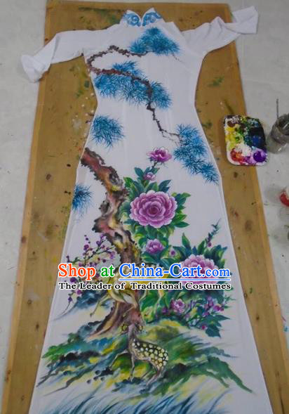 Traditional Top Grade Asian Vietnamese Costumes Classical Printing Flowers Full Dress, Vietnam National Ao Dai Dress Catwalks Debutante White Qipao for Women