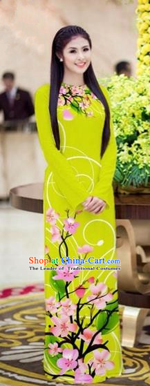 Traditional Top Grade Asian Vietnamese Costumes Classical Printing Peach Blossom Princess Full Dress, Vietnam National Ao Dai Dress Grass Green Cheongsam for Women