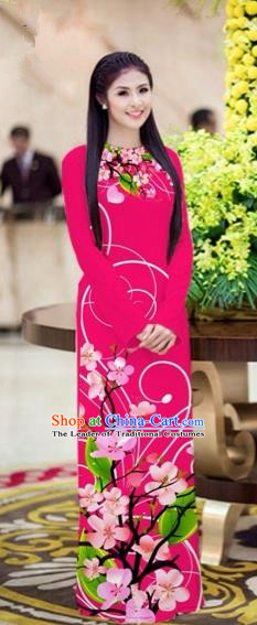 Traditional Top Grade Asian Vietnamese Costumes Classical Printing Peach Blossom Princess Full Dress, Vietnam National Ao Dai Dress Rosy Cheongsam for Women