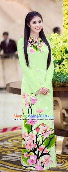 Traditional Top Grade Asian Vietnamese Costumes Classical Printing Peach Blossom Princess Full Dress, Vietnam National Ao Dai Dress Light Green Cheongsam for Women