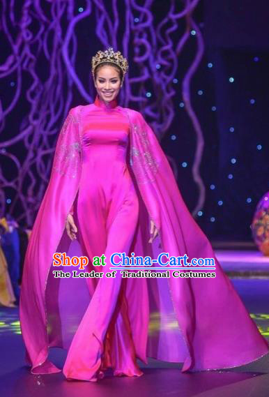 Traditional Top Grade Asian Vietnamese Costumes Classical Full Dress with Cloak, Vietnam National Ao Dai Dress Catwalks Debutante Pink Qipao for Women