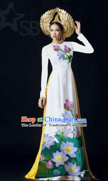 Traditional Top Grade Asian Vietnamese Costumes Classical Painting Lotus Full Dress, Vietnam National Ao Dai Dress Catwalks Debutante White Qipao for Women