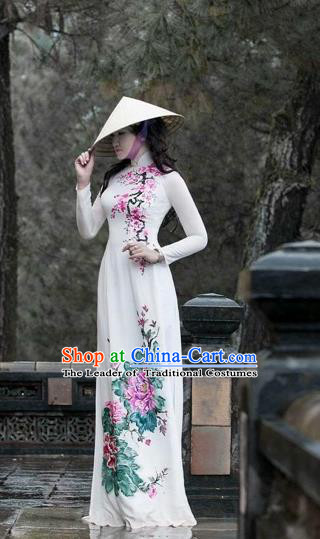 Traditional Top Grade Asian Vietnamese Costumes Classical Hand Painting Flowers Full Dress, Vietnam National Ao Dai Dress Catwalks Debutante Queen White Qipao for Women