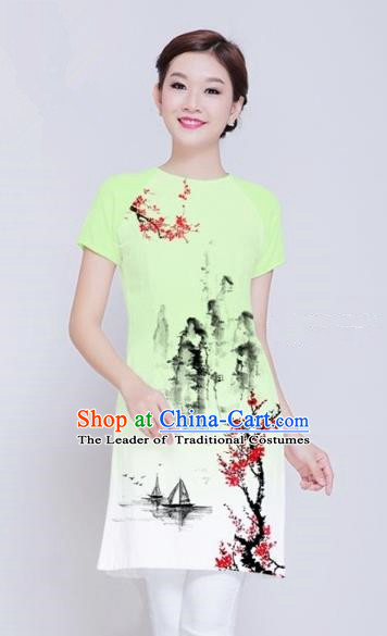 Traditional Top Grade Asian Vietnamese Costumes Classical Ink Wash Painting Full Dress, Vietnam National Ao Dai Dress Green Short Qipao Dance Clothing for Women