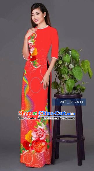 Traditional Top Grade Asian Vietnamese Costumes Classical Princess Printing Cheongsam, Vietnam National Ao Dai Dress Red Full Dress for Women