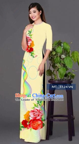 Traditional Top Grade Asian Vietnamese Costumes Classical Princess Printing Cheongsam, Vietnam National Ao Dai Dress Light Yellow Full Dress for Women