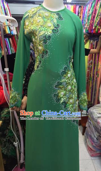 Traditional Top Grade Asian Vietnamese Costumes Classical Wedding Bride Embroidery Beading Cheongsam, Vietnam National Green Ao Dai Dress for Women